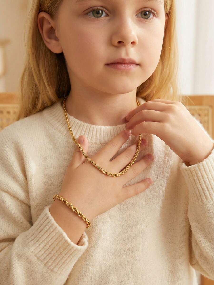 2pcs Set Classic Gold Stainless Steel Chain Necklace & Bracelet, Children's Jewelry Accessories, Street Fashion Jewelry - Gold - View 1