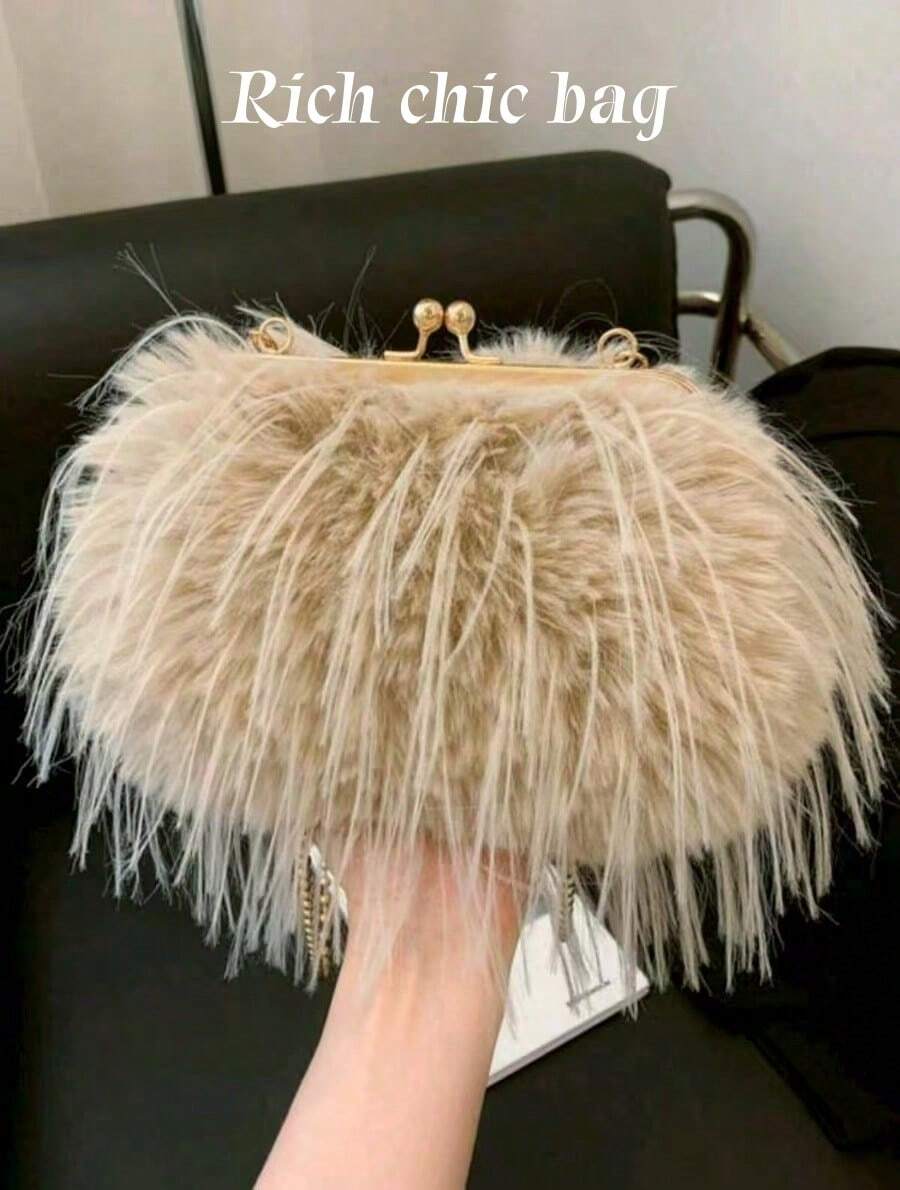 Khaki Flap Chain Plush Handbag, Fashionable Ladies' Casual Crossbody Shoulder Bag, Daily Office Phone Pouch - 卡其色 - 查看 1