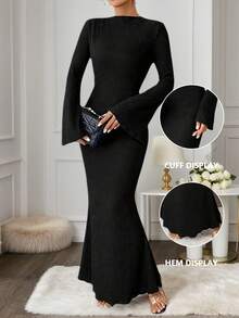 Women's Elegant Ruffle Round Neck Dress, Flared Long Sleeve, Ribbed Texture, Business & Banquet Party Gown, Spring Outfits For Women - 黑色 - 查看 1