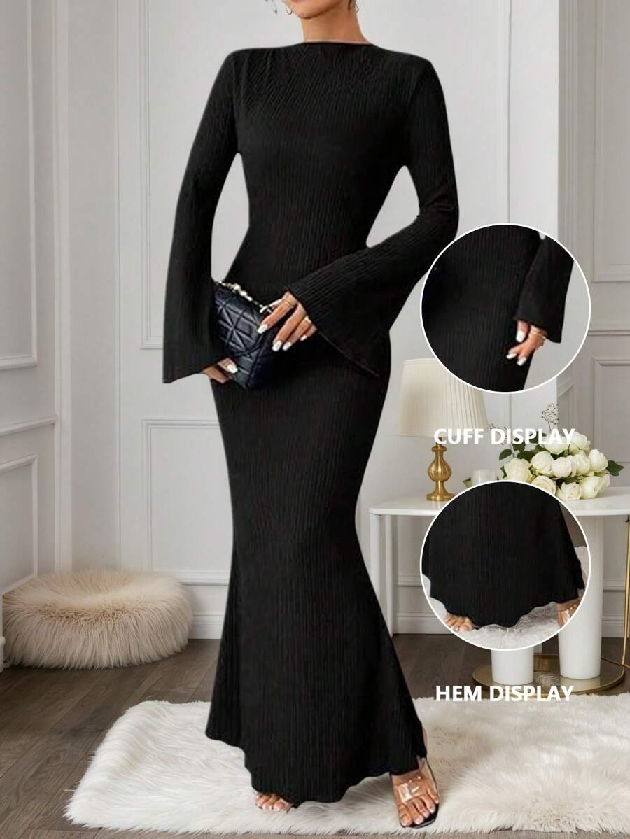 Women's Elegant Ruffle Round Neck Dress, Flared Long Sleeve, Ribbed Texture, Business & Banquet Party Gown, Spring Outfits For Women - 黑色 - 查看 1