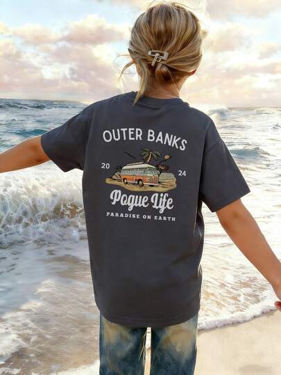 女童休闲印花圆领短袖T恤，适合夏季学生和儿童穿着 - 舒适生活巴士树系列艺术风格T恤，激发想象力和自我表达