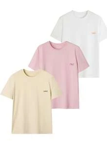 3 Stücke/Set Sommer Neue Einfache Landschafts Grafik Muster Kombination Lässiges Rundhals Kurzarm T-Shirt, Modische & Vielseitige Damen Tops - Weiß, Rosa und Aprikose - Übersicht 4