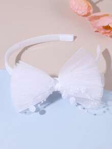 1pc White Mesh Bow Headband Pearl And Bead String Bow Hair Hoop Fairy Style Bow Hair Band For Daily& Party Teens Hair Accessories - White - View 5