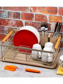 Compact Kitchen Dish Drying Rack With Drip Tray And Utensil Holder, Easy To Assemble And Clean Dishes, Sink Drainer Rack, Silver With Handle - Camel - View 2