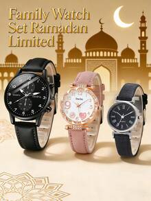 3pcs Minimalist Luxury Arabic Style Quartz Watch Set, Suitable For Family Gatherings, Parties, Gift Giving, Decoration, Perfect For Valentine's Day, Gifts For Family And Friends, Ramadan/Eid Al-Fitr Limited Edition - Multicolor - View 2