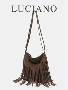 1 chiếc túi xách nữ cỡ trung bình kiểu retro bằng da lộn đơn sắc có tua rua, kiểu phương Tây phong cách Hồng Kông, đeo chéo một bên vai, đa chức năng, cá tính, tối giản, phong cách thường ngày, phù hợp cho đi làm, du lịch, mua sắm, dạo phố thường ngày dành cho phụ nữ sành điệu và sinh viên đại học. - Cà phê - Xem 2