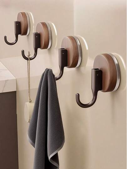 1pc/2pcs ABS Walnut Wood Grain Suction Cup Hooks, No Drilling, Heavy Duty, Strong Hold, Waterproof, For Hanging Bags Hats Coats Towels Scarves In Bathroom Bedroom Kitchen, Rustic Farmhouse Wall Hooks, Easy Install, Removable, Christmas Gift