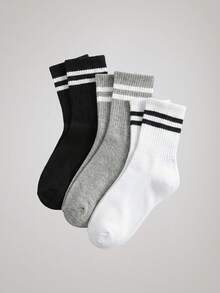 Officeau 1/3/6 أزواج من الجوارب متوسطة الطول ذات اللون الأسود/الأبيض/الرمادي بخطوط مزدوجة محايدة للأنشطة الخارجية، جوارب كاجوال للساق، جوارب طويلة محايدة - أبيض وأسود - مشاهدة 7