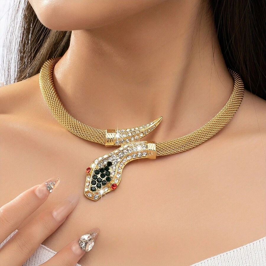 A Versatile European And American Style Snake-Shaped Necklace With Full Inlay - Golden - 查看 1