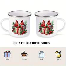 1个复古圣诞红雀珐琅马克杯 - 12盎司，饰有红雀、冬青树和礼物图案，经久耐用，适合咖啡/茶，居家、露营、野餐、旅行使用。 - 白色 - 查看 9