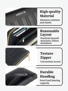 Men Long Zipper Wallet Black Pebble Grain Leather - Gold Zipper Wrist Strap HOVI'S Multi-Layer Layout Large Capacity Phone Holder New Year Gift Valentine's Day Gift