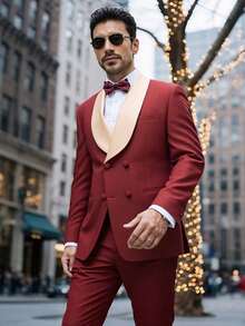Men's Suit Shawl Lapel Double-Breasted Blazer & Pant Set - Formal 2-Piece Tuxedo With Wafer Knit Texture For Weddings & Black Tie Events - 酒紅色 - 查看 11