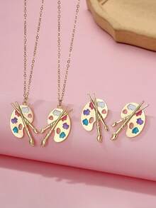 2条项链和1对耳环，配以调色盘和画笔，锌合金镀金彩色珐琅首饰套装，适合青少年日常休闲佩戴，也是送给朋友的礼物。 - 均碼 - 查看 5