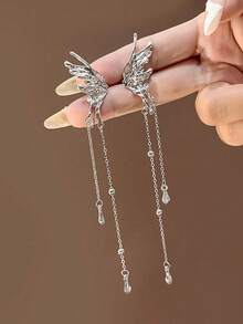 1对蝴蝶翅膀长流苏耳夹，配珍珠链，长度和珠子数量随机。 - 銀色 - 查看 1