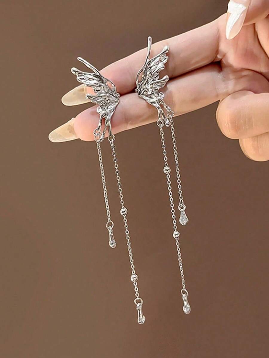 1对蝴蝶翅膀长流苏耳夹，配珍珠链，长度和珠子数量随机。 - 銀色 - 查看 1