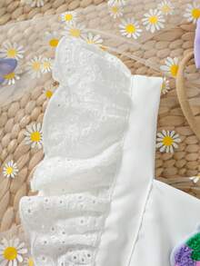 2件套女婴休闲日常可爱撞色编织白色镂空袖方领葡萄刺绣装饰拼接紫色3D蝴蝶结装饰连体衣和紫色蝴蝶结发带套装，夏季 - 淡紫色 - 查看 5