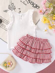 2pcs/Set Girls Soft & Comfortable Casual Fashion Cute Bow Decor Knitted Plaid T-Shirt Vest Paired With Fluffy Layered Ruffle Hem Shorts, Girls Outfit, Suitable For Summer Daily Wear, Vacation, Party And Outdoor Activities - Multicolor - View 3