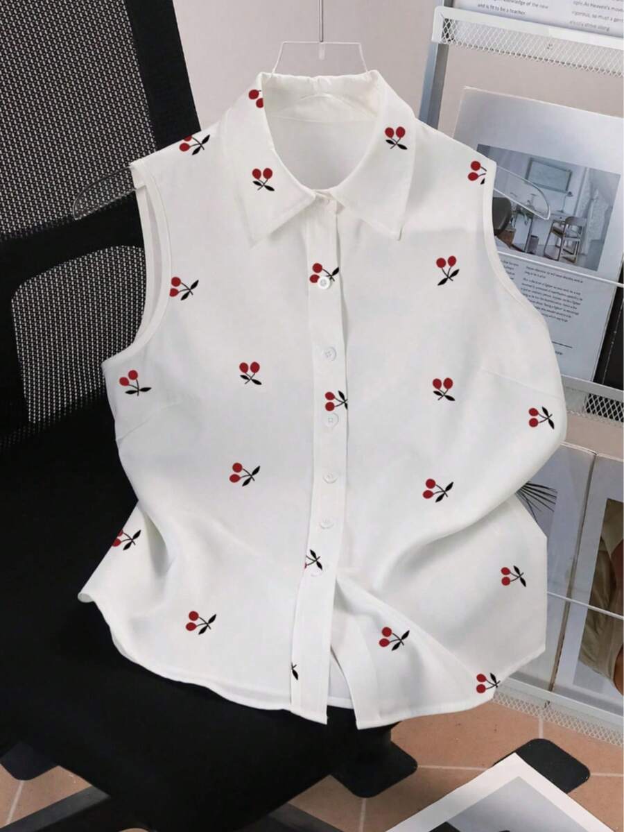 New Spring/Summer Slimming Versatile Sleeveless Fitted Collared Cherry Print Shirt For Women White - White - View 1