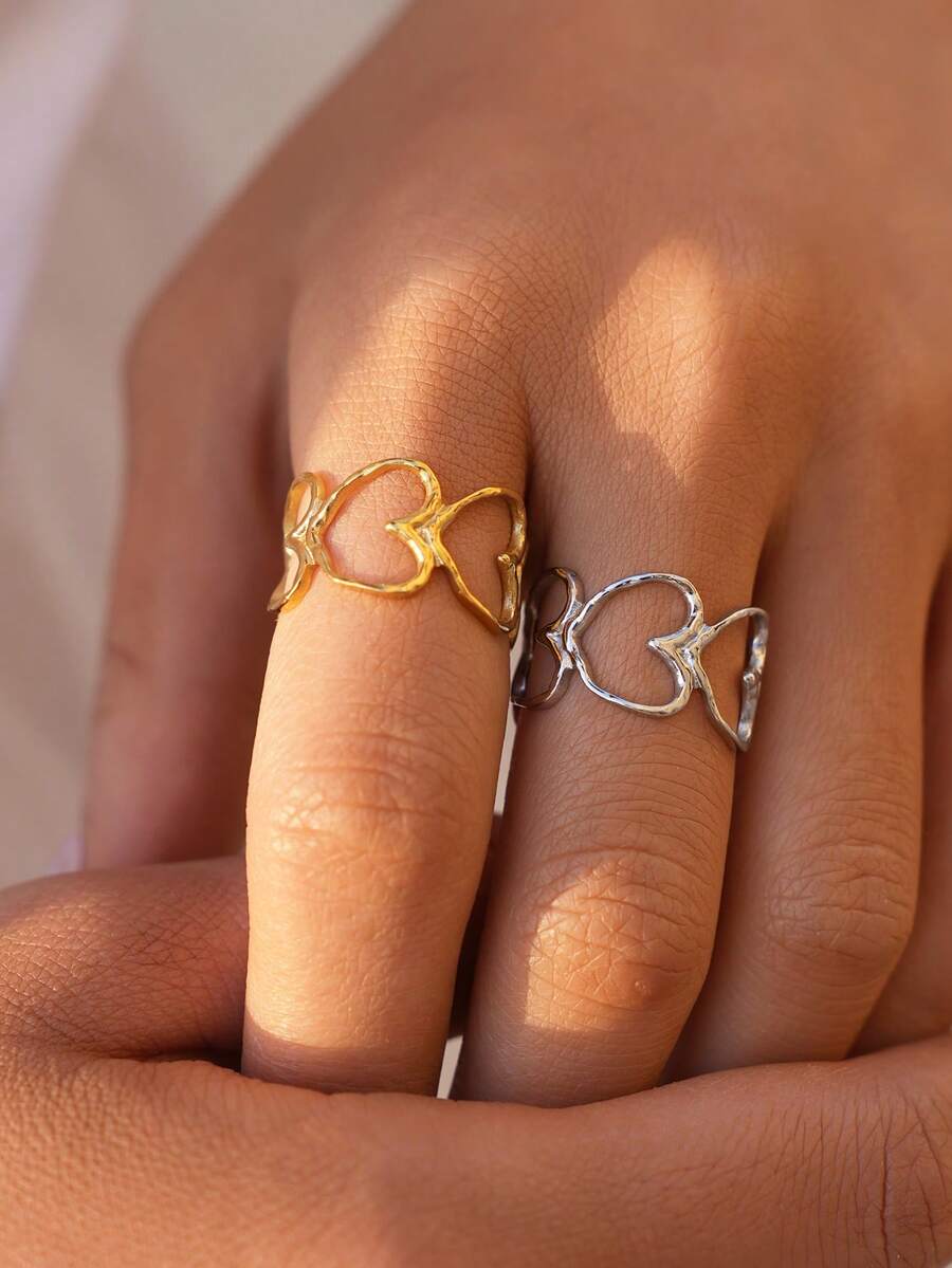 Frminee 2pcs/1pc Simple And Cute Heart 18k Gold Plated Geometric Stainless Steel Ring, Stacked Strap Statement Wedding Promise Ring, Valentine's Day Gift - Multicolor - View 1