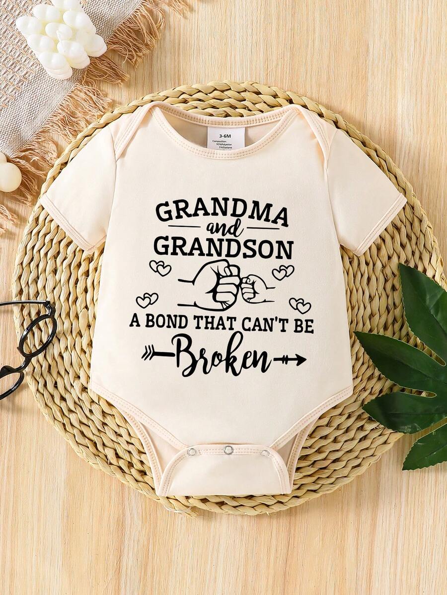 Baby Boys "Grandma & Grandson" Letter Slogan Print Short Sleeve Romper Bodysuit - Beige - View 1