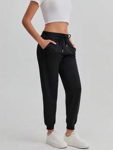 女士纯色休闲裤，带口袋，百搭款式，适合日常穿着、徒步、旅行、远足、跑步、骑行、慢跑等活动，黑色春季款 - 黑色 - 查看 4