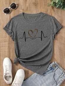 YOKASACamiseta informal de verano para mujer, de cuello redondo, ajustada y manga corta, con estampado de pintura al óleo, floral, de corazones, de cerezas y de letras. Tejido informal sencillo, estilo deportivo, ideal para el día a día y para una cita de San Valentín..1 pcs,180g Pure Heavy,95%Polyester 5%Spandex - Gris-YH25 - Ver 2