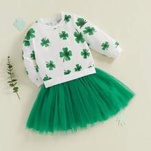2Pcs/ Set Toddler Baby Girl St Patricks Day Dress Outfit Shamrock Clover Long Sleeve Sweatshirt Tulle Tutu Skirt Dress Clothes 0-5Years (White And Green) - 杏色 - 查看 3