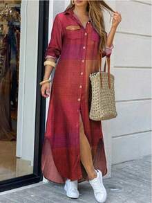 Casual Shirt Dress With Loose Long Sleeves, Button Front, Shirt Dresses For Women - 紅 - 查看 8