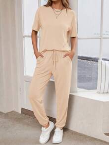 Women's Two-Piece Suit Short-Sleeved Pullover With Drawstring Trousers Sportswear Casual Jogging Suit - Màu be - Xem 3