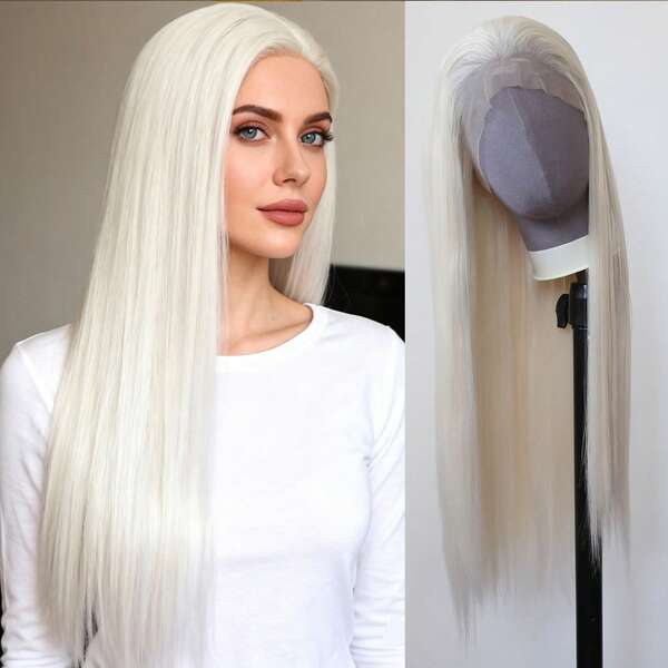 Peluca sintética de encaje frontal de platino - Línea del cabello previamente desbastada, sin pegamento, fibra resistente al calor 13x4 de encaje, cabello largo y liso básico, densidad del 180%, disponible en longitudes de 24 pulgadas y 40 pulgadas