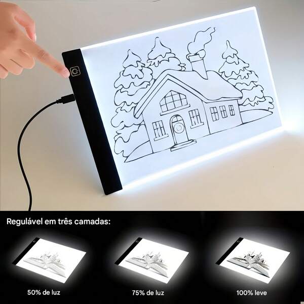 Mesa digitalizadora LED branca, tamanho A5, qualidade profissional, adequada para desenho e cópia, ideal para quem gosta de pintura e caligrafia.