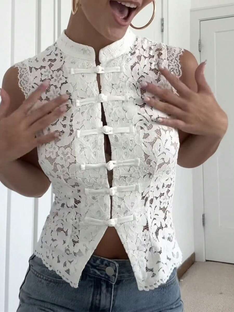 Solid Color Front Button Hollow Lace Patchwork New Chinese Style Button Design Sleeveless Top White Summer - White - View 1