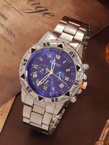 3pcs Luxury Men's Silver Watch Set, Part Of Men's Jewelry Collection, Includes 1 Blue Roman Numeral Quartz Multifunction Watch With Silver Metal Band And 3D Bezel, Paired With Silver Chain Bracelet And Black PU Leather Wallet. Elegant And Fashionable Design Showcasing Charm And Style. - Silver - View 6