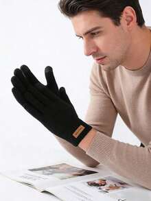 1 Pair Men's Winter Warm Touchscreen Gloves, Thermal Lined, Thick, Cold-Proof, Anti-Slip, Knitted For Cycling - Black - View 4