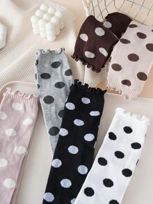 1/6双装波点图案翻边袜，女士休闲时尚可爱简约设计中筒袜，轻盈透气吸湿柔软，适合日常穿着、户外运动和室内穿着。 - 彩色 - 查看 6