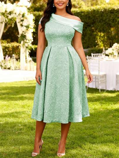 Vestido midi de línea A de jacquard verde elegante con un hombro para invitadas de boda, fiestas de cumpleaños