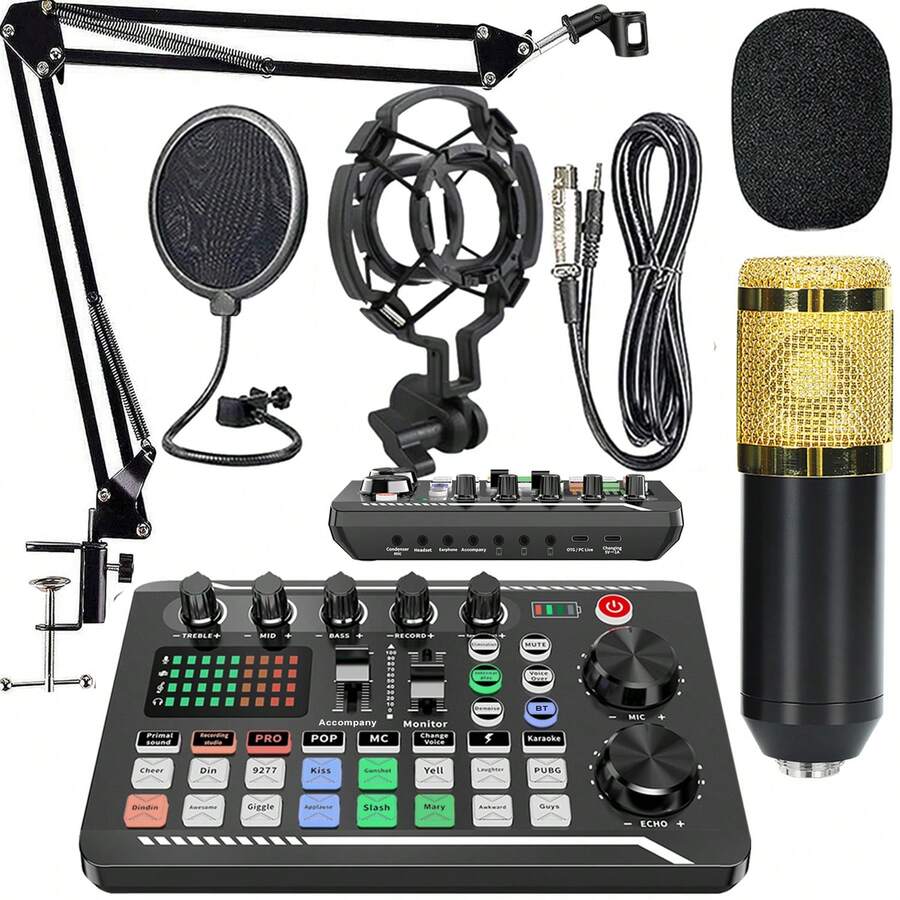 Podcast Equipment Bundle Audio Mixer All-In-One Podcast Production Studio With 3.5mm Microphone For Live Streaming, Podcast Recording, PC, Smartphone, DJ Mixer, Audio Interface With Studio Condenser Microphone, Plug-And-Play Live Sound Card, Perfect For Streaming, Singing, And Gaming For Computer Recording, Game Voice Communication, Music Recording, Home Use, 1200mAh - Black - View 1