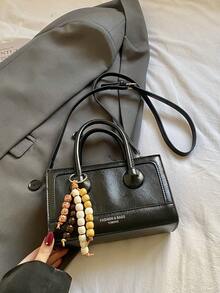 Women's High-Quality PU Leather Minimalist Structured Tote Bag With Beaded Charm, Casual Shoulder Bag - Black - View 7