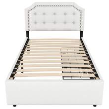 Cama tapizada con 2 cajones y cabecero elegantemente curvado con tachuelas decorativas. - Beige claro - Ver 7