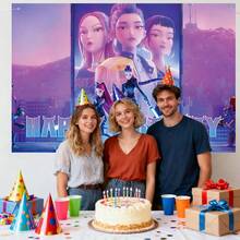 Toile de fond pour fête d'anniversaire sur le thème de HUNTRX K-Pop, avec impressions de personnages (design de groupe et individuel), grand rideau de fond photo, décoration de style K-Pop pour célébration, convient pour anniversaire, Nouvel An, Saint-Valentin, Thanksgiving et fête de fans de K-Pop - Multicolore - Voir 5