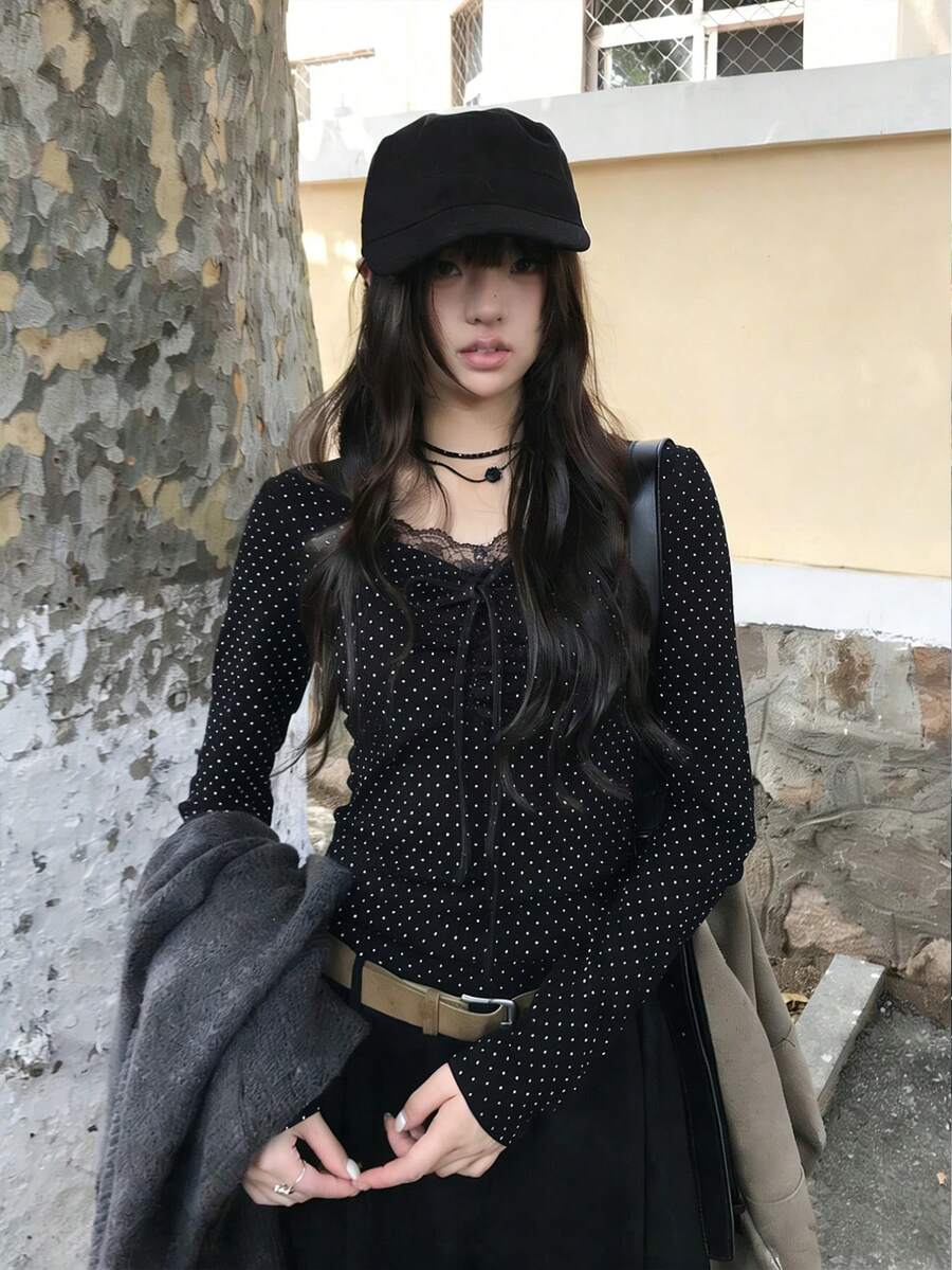 Women's Polka Dot Lace Patchwork Twist Design Fashionable Versatile Commuting Long Sleeve T-Shirt