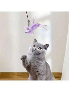 1个（颜色随机）逼真羽毛逗猫棒，带可拆卸强力吸盘，吸力强劲，可替换宠物羽毛铃铛，牢固吸附在地板上，互动猫玩具，适合室内玩耍和运动，无需电池 - 藍色 - 查看 8