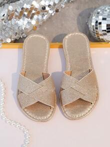 1双亮金色幼儿/儿童平底凉鞋，柔软编织面料，经典露趾设计，防滑鞋底，时尚公主风，适合海滩、派对、度假、室内/室外穿着，2026春夏款 - 玫瑰金 - 查看 7