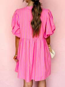 Acelitt Summer Rose Pink Striped Print Half-Button Placket Bow Tie Knot Puff Sleeve High Waist Slim Mini Dress - Multicolor - View 2