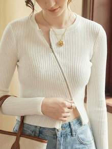 Knit Mix Cárdigan con cremallera tejido de canalé - Blanco - Ver 3