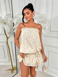 Amarilo Women'S Heart Print Strapless Mini Dress - Valentine'S Day, Waist-Cinching Cake Layer, Ruffled 3D Floral, Tie-Up, Spring/Summer - Apricot Base With Black Heart - View 7