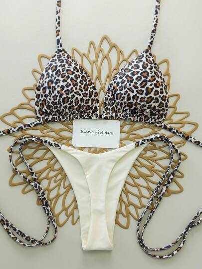 2 piezas Conjunto de bikini de mujer con estampado de leopardo y cordones sexy, tanga para playa, resort, escenario y concierto, verano