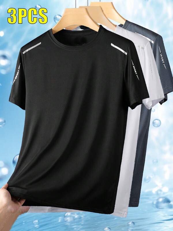 3pcs Men's Summer Casual Sports Quick-Dry Breathable Short Sleeve T-Shirts, With Reflective Logo, Soft & Comfortable Fabric, Suitable For Gym, Running And Outdoor Activities