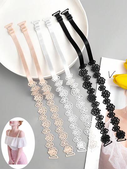 6件/4件/2件蝴蝶兰蕾丝花朵内衣肩带女士无缝性感防滑肩带文胸弹性带配件可露出，百搭美观的后背宽幅设计。