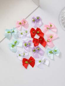 30pcs/Set Bow Tie Rose Flower 3cm Ribbon With Leaves, Handmade DIY Small Flowers For Clothing, Shoes, Toys, Accessories, Ribbon Flower Headpieces, Gift Box Decor, Home & Apparel Accessories - Multicolor - View 2